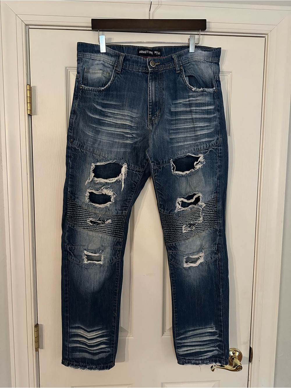 Archetype Streetwear Dark Blue Ripped Moto Ribbed Straight Jeans
